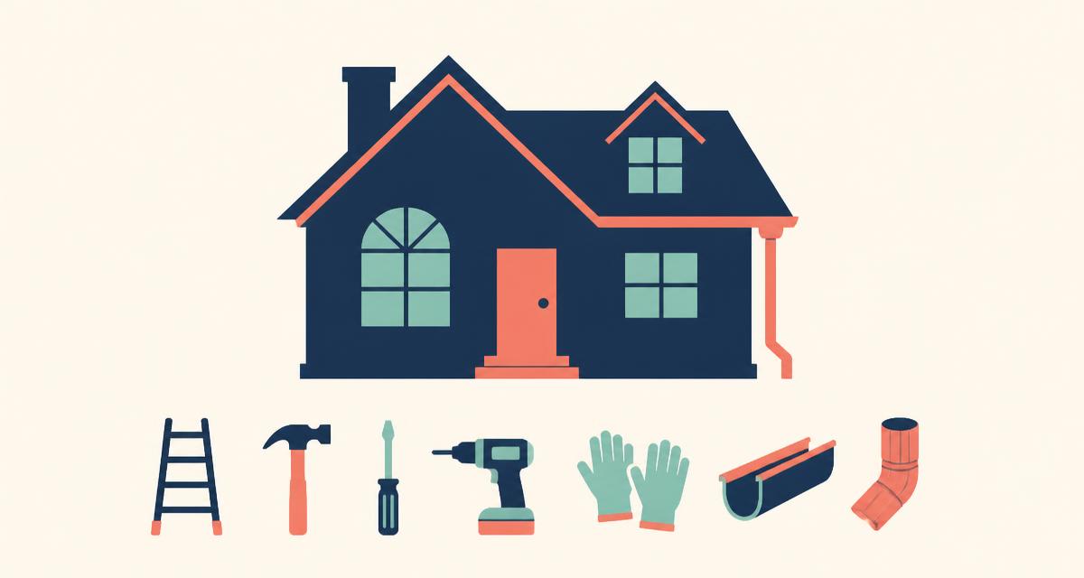 Illustration of a house with maintenance tools: ladder, hammer, screwdriver, drill, gloves and a gutter section